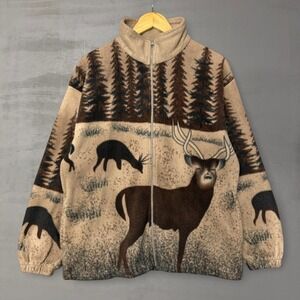 Vintage Collections Etc. Fleece Jacket Tan Deer Nature AOP Wildlife Brown Large